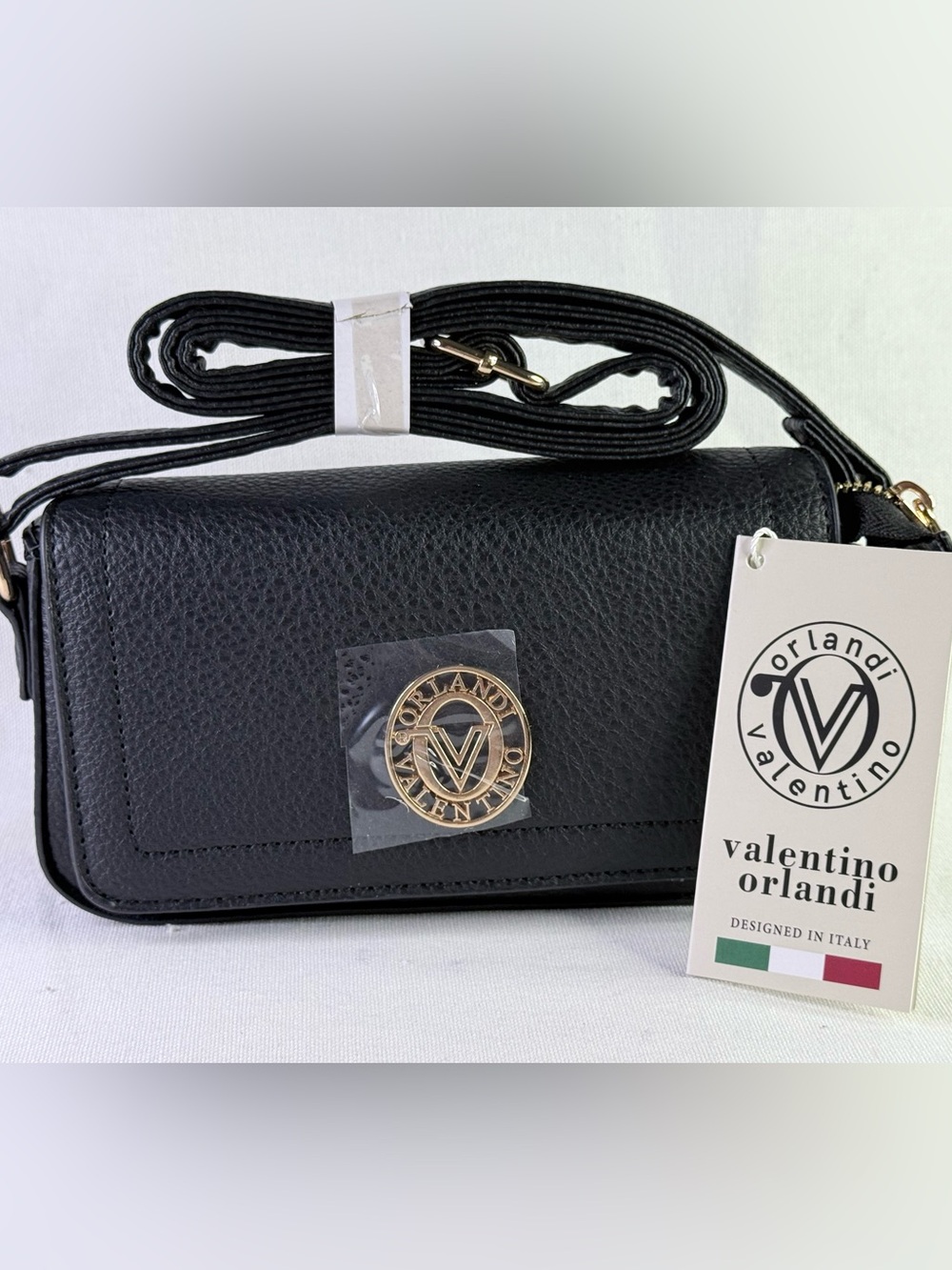 Valentino Orlandi Black Pebbled Leather Crossbody with Gold Logo